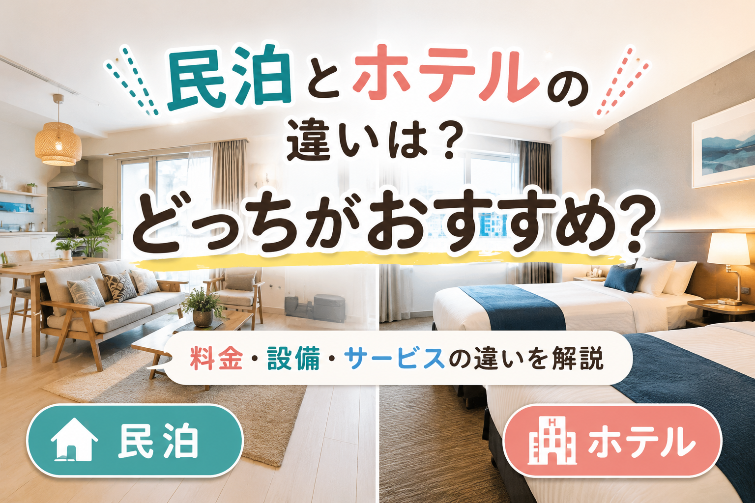 民泊とホテルの違いは？どっちがおすすめ？料金・設備・サービスを比較
